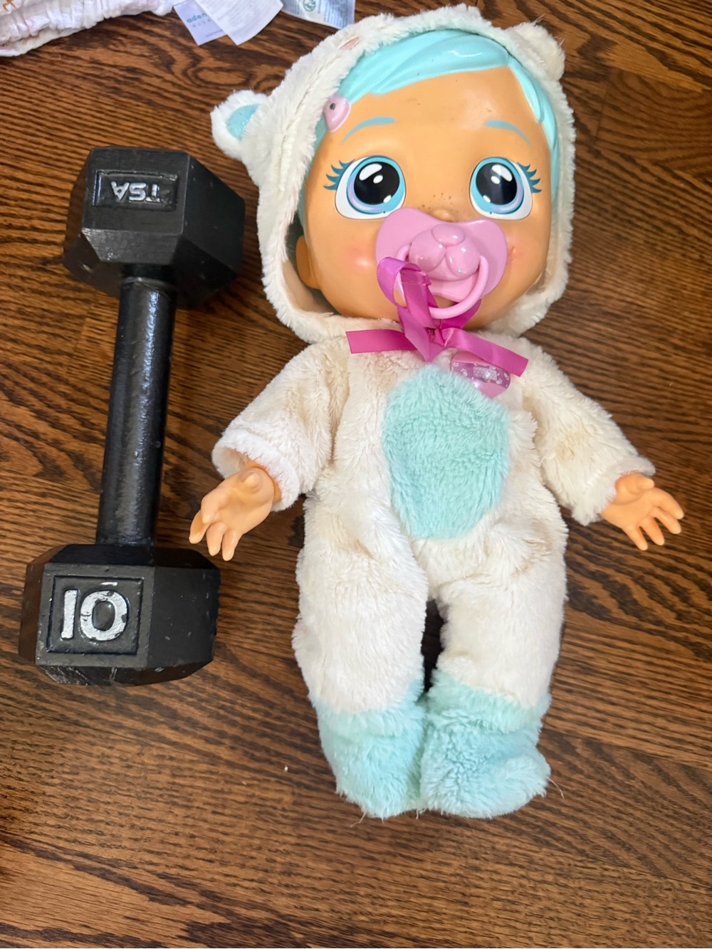 Plush Baby Doll in Cream and Light Blue Onesie with Pacifier